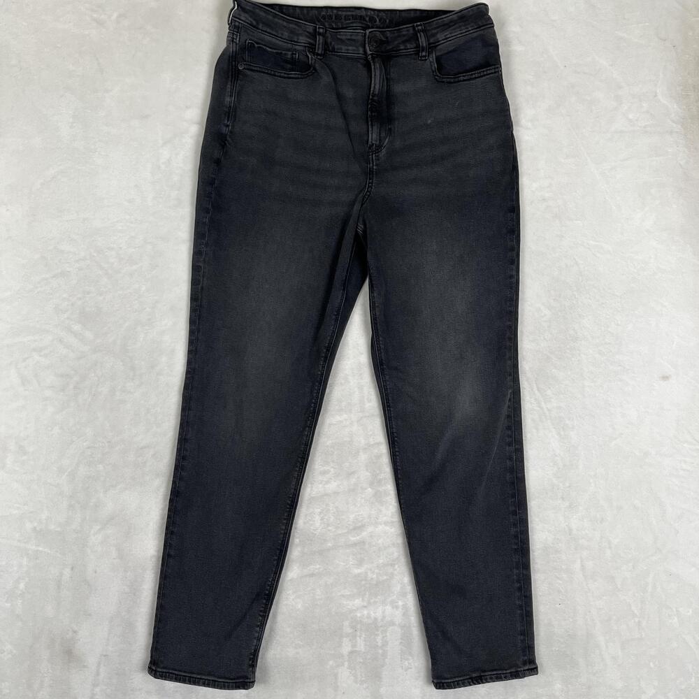 American Eagle Mom Jeans Womens 14 Long Gray Charcoal High Rise Stretch Denim